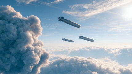 Obraz premium Military bombs falling from blue sky with white clouds, 3D render showing aerial attack concept, warfare, defense, danger and dramatic conflict scene with modern military simulation security themes