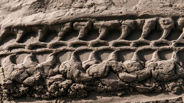 Truck tire tread tracks on beach sand showing detailed patterns and outdoor terrain texture. Transportation, travel, adventure and vehicle movement concepts in a natural coastal environment