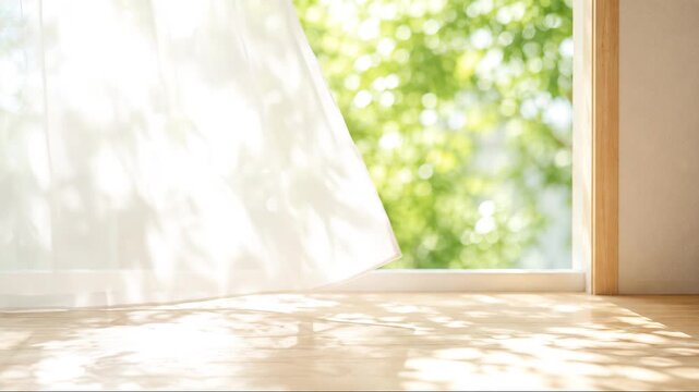 爽やかな風と光が差し込む窓辺のカーテン