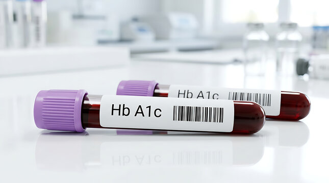 Two blood collection tubes with HbA1c label on white table in medical laboratory