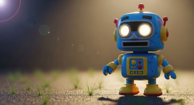 Cute Blue Robot Toy with Glowing Eyes and Antennae on Textured Background.