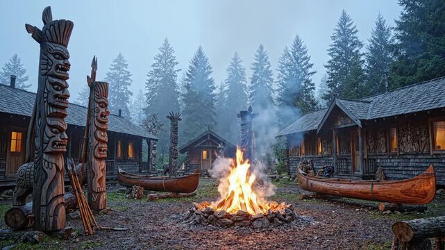 Indigenous Village Campfire Scene with Totem Poles and Canoes at Dusk