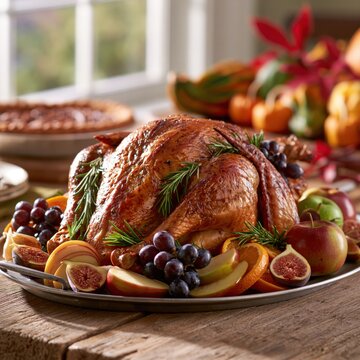 Autumn Harvest Roast Turkey Styled with Fresh Fruits Herbs and Warm Window Light Creating Cozy Seasonal Dining Atmosphere