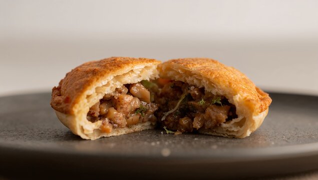 Traditional Cornish pasty cut open to reveal a savory meat filling inside a golden flaky pastry crust. Classic British baked pastry served on a dark plate.