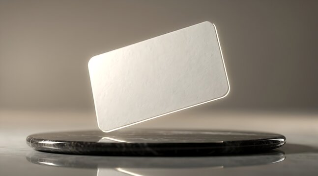Blank white card floating above a dark circular base with reflective surface.