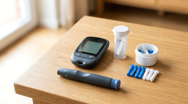 Diabetes Care Supplies with Blood Glucose Monitor and Lancets on Wooden Table