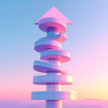 Inspiring modern architectural tower with a big upward arrow against a pastel sunset sky with no people, visually symbolizing financial growth, vision, and future success.