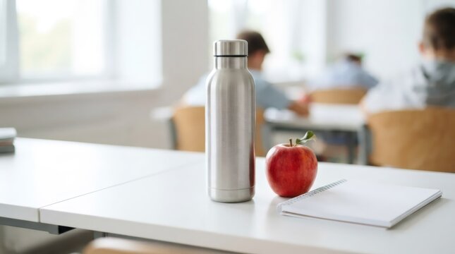 Stainless steel water bottle with red apple and notebook on school desk. Education supplies for child in classroom. Healthy snack for student. Concept of wellness and study habit.