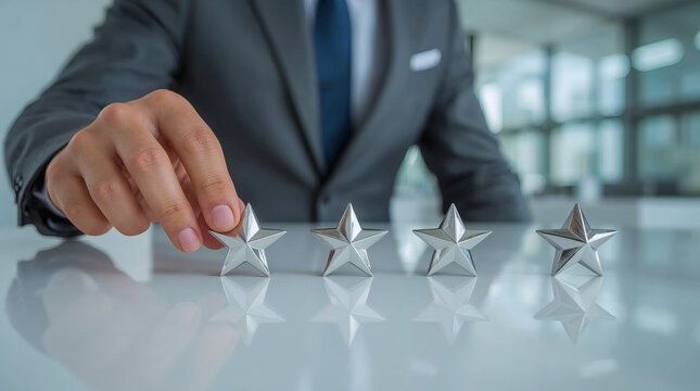 placing final star on premium white desk corporate excellence precision quality continuous improvement ultra clean close up professional hand in suit polished metal star minimalist row of five stars 8