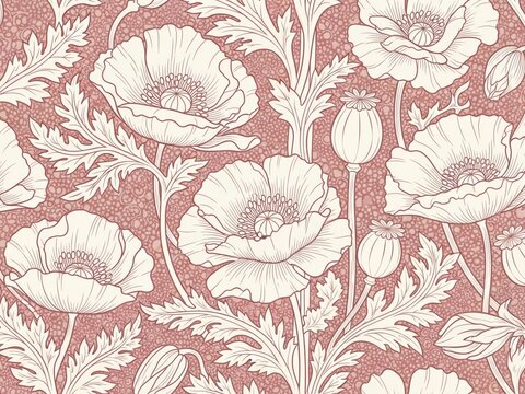 Vintage style pattern of poppy flowers and seed pods in white outline on a terra cotta background