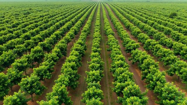 Aerial view of neatly arranged rows of lush green trees in a vast agricultural orchard