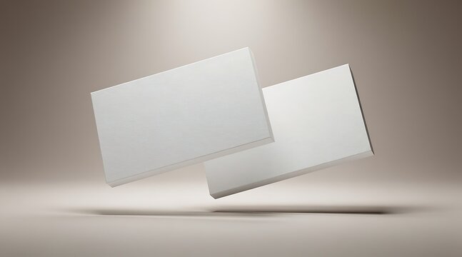 Two blank white rectangular cards floating in a studio with soft lighting.