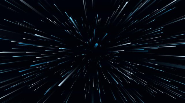 Bright blue light streaks moving fast through deep space creating a sense of hyperspeed travel motion