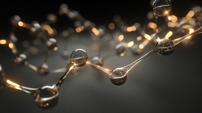 Abstract molecular bonding structure with glowing connections and shimmering particles in a dark, scientific visualization