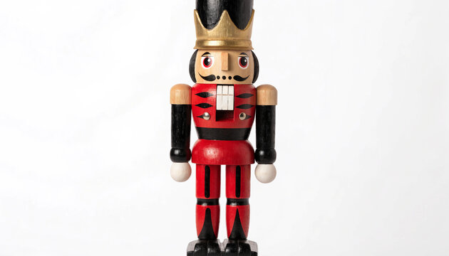 Decorative wooden nutcracker soldier figurine standing tall against a clean neutral white studio background with displays classic wooden figurine wearing black