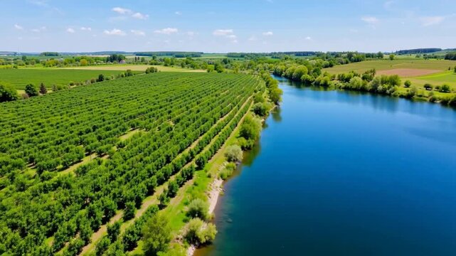 Aerial view of lush green orchard rows beside a calm blue river under clear sky