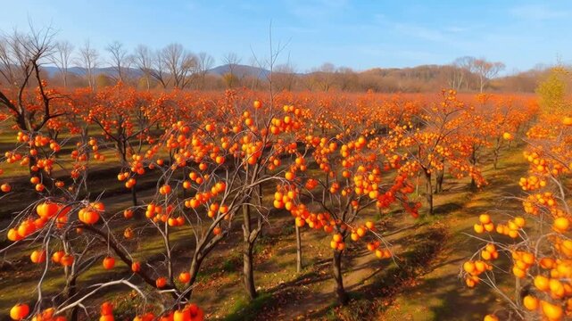 Aerial view of an orange persimmon orchard in autumn with bare trees and vibrant fruit under clear blue sky