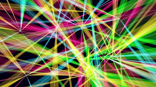 Colorful laser light beams intersecting to form a glowing geometric pattern of vibrant neon lines