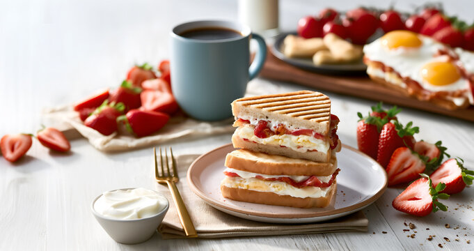 Creative food template. Tall stack of grilled Panini sandwich bread with cream cheese and fruit jam strawberry, with coffee and egg on white wooden serving board table. copy text space. long banner

