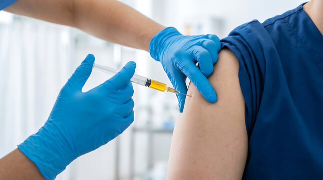 Medical professional administering vaccine injection to patient arm for immunity and healthcare protection