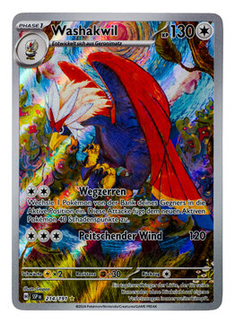 Hamburg, Germany - 07272026: Detail photo of a German pokemon card called Braviary SSP 214 from the Surging Sparks set. png asset.