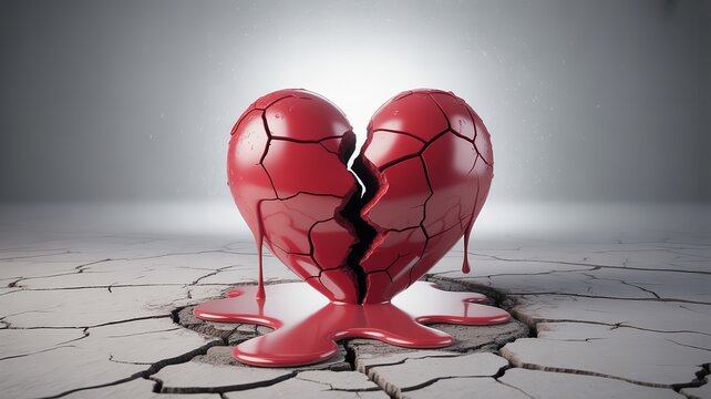 Broken red heart with cracks and dripping liquid on dry cracked ground symbolizing emotional pain heartbreak fragility and sadness