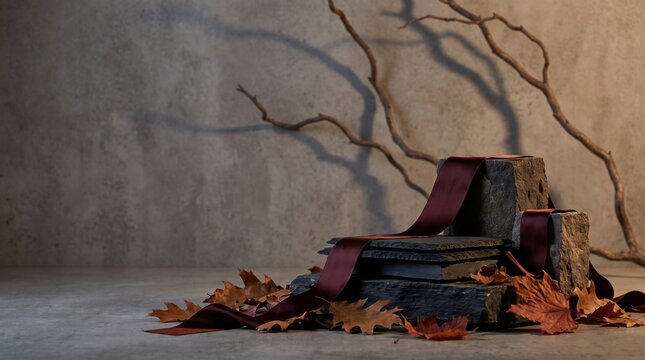 Stone product podium with maroon fabric and leaf shadows for ecommerce autumn background and copy space seasonal design platform