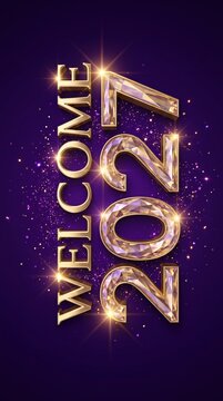 Welcome 2027 New Year greeting, elegant gold 3D lettering on purple background, festive holiday celebration banner with sparkling glitter and bokeh