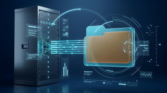 Database backup management concept featuring standalone server transmitting files to glowing 3d folder