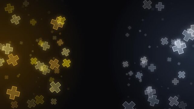 Abstract dark background divided with glowing gold and silver floating medical crosses. This premium seamless motion graphic loop is perfect for modern healthcare presentations.