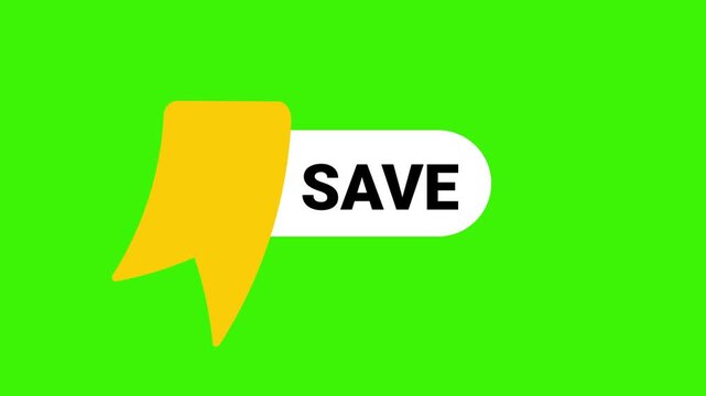 Animated yellow bookmark save button pop up on green screen background. Modern social media call to action UI overlay for content creators.