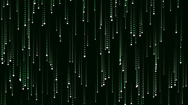 Falling green data streams and glowing particles moving vertically in a virtual computer code environment