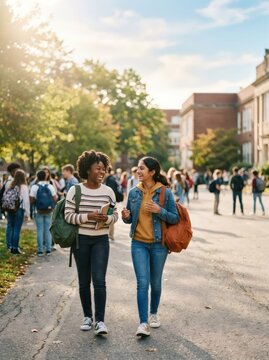 Two student woman walking on campus talking and laughing. Young adult friends with backpack and notebook returning to school. Education and academic lifestyle, diversity on college grounds.