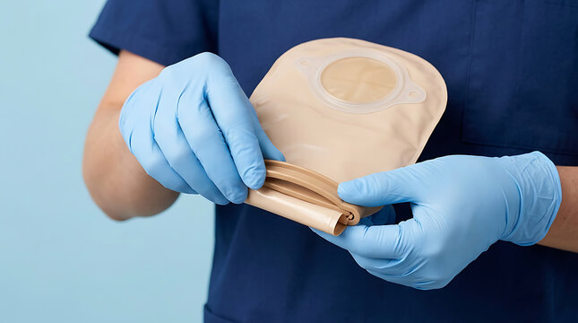 Healthcare professional in blue gloves holding and preparing ostomy pouch
