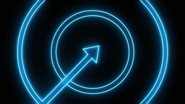 A glowing neon blue arrow within concentric circles on black, symbolizing navigation, precision, and futuristic progress in a cyber‑styled digital interface.