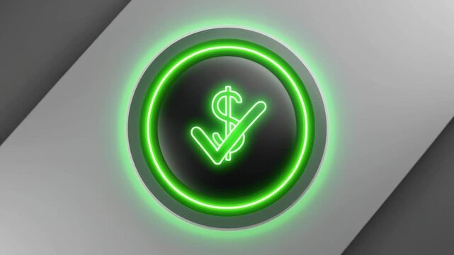 A glowing neon green circle with dollar sign and check mark, symbolizing payment confirmation, financial approval, and successful transactions in sleek futuristic design.