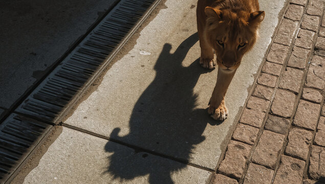 majestic lion walking on concrete with dramatic shadow sunlit wildlife photography regal presence textured pavement and metal grate high contrast wildlife