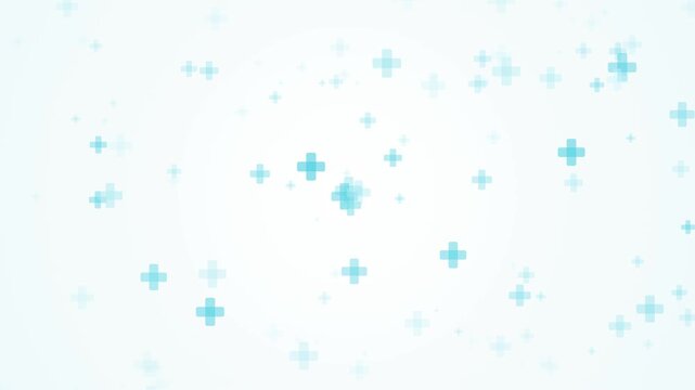 Abstract clean white background with floating soft blue medical crosses. This seamless motion graphic loop is perfect for healthcare, pharmacy, and medical presentations.