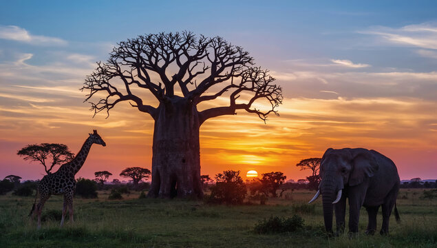 majestic african savannah sunset with baobab tree giraffe and elephant silhouettes stunning wildlife and landscape for travel nature and adventure themes