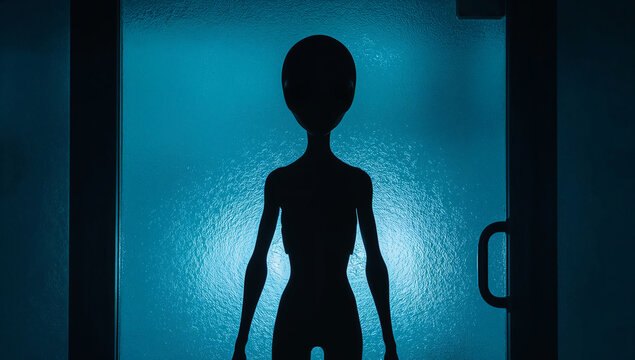 mysterious alien silhouette business mystery ethereal extraterrestrial ceo in corporate shadow with frosted glass door sci fi executive portrait enigmatic otherworldly presence high contrast blue grad
