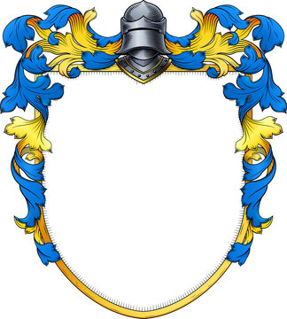 A coat of arms or crest family heraldry medieval heraldic knight shield with helmet and acanthus filigree scroll ornament in a vintage woodcut style.
