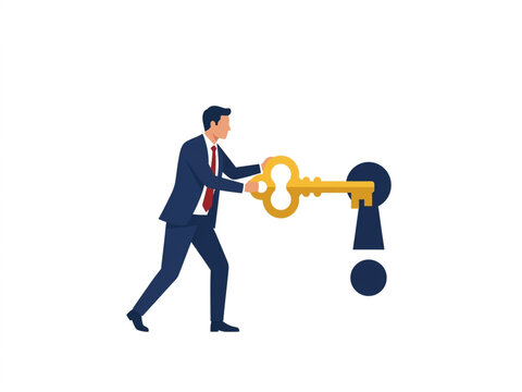 Businessman inserting gold key into exclamation mark keyhole
