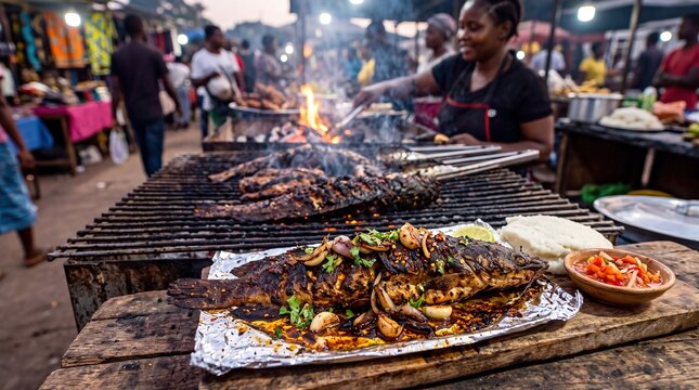 Traditional Zambian street food featuring flavorful grilled river catfish with charred onion and garlic fat.