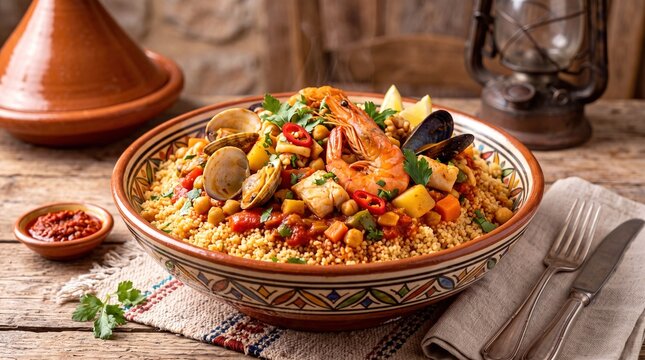 Delicious spicy Tunisian seafood couscous served in a traditional decorated ceramic bowl with fresh herbs.