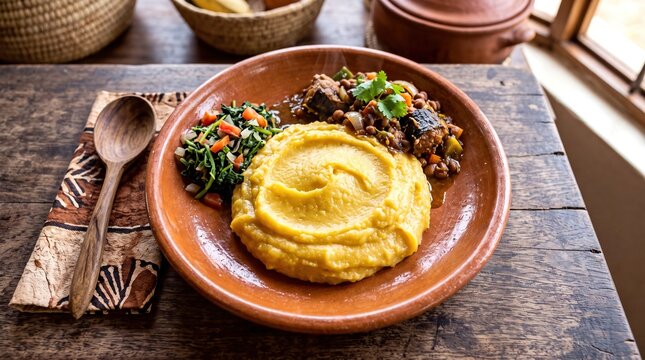 Traditional Ugandan Matooke served with savory meat stew and fresh green vegetables on a rustic table.