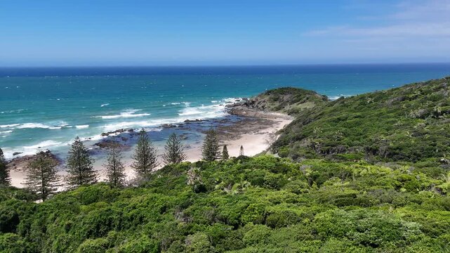 Aerial drone view of Shelly Beach coastline in Port Macquarie, New South Wales, Australia