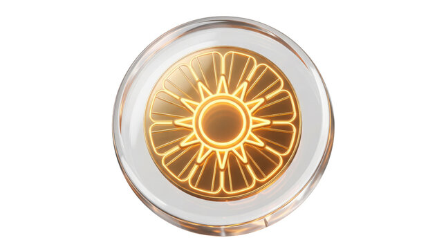 Glowing amber sun icon inside glass sphere, futuristic golden solar energy symbol, luminous circular button with radiating light rays on white background