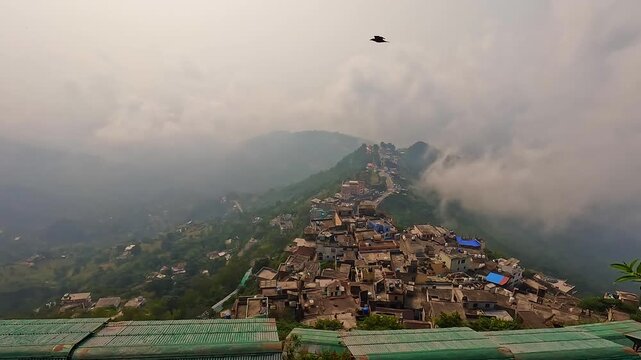 Aerial View Of Naina Devi Ridge Town And Misty Himalayan Valley In Himachal
