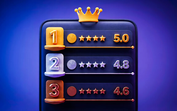 Modern 3D Leaderboard Interface Displaying Top Rated Ranks with Gold Crown and Star Ratings for Game Mobile App UI