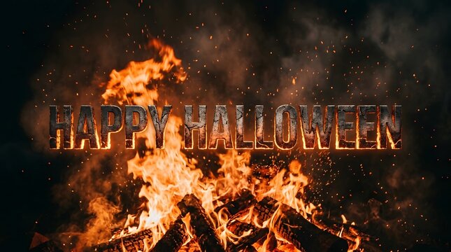 Happy halloween text with burning fire and embers effect on dark background